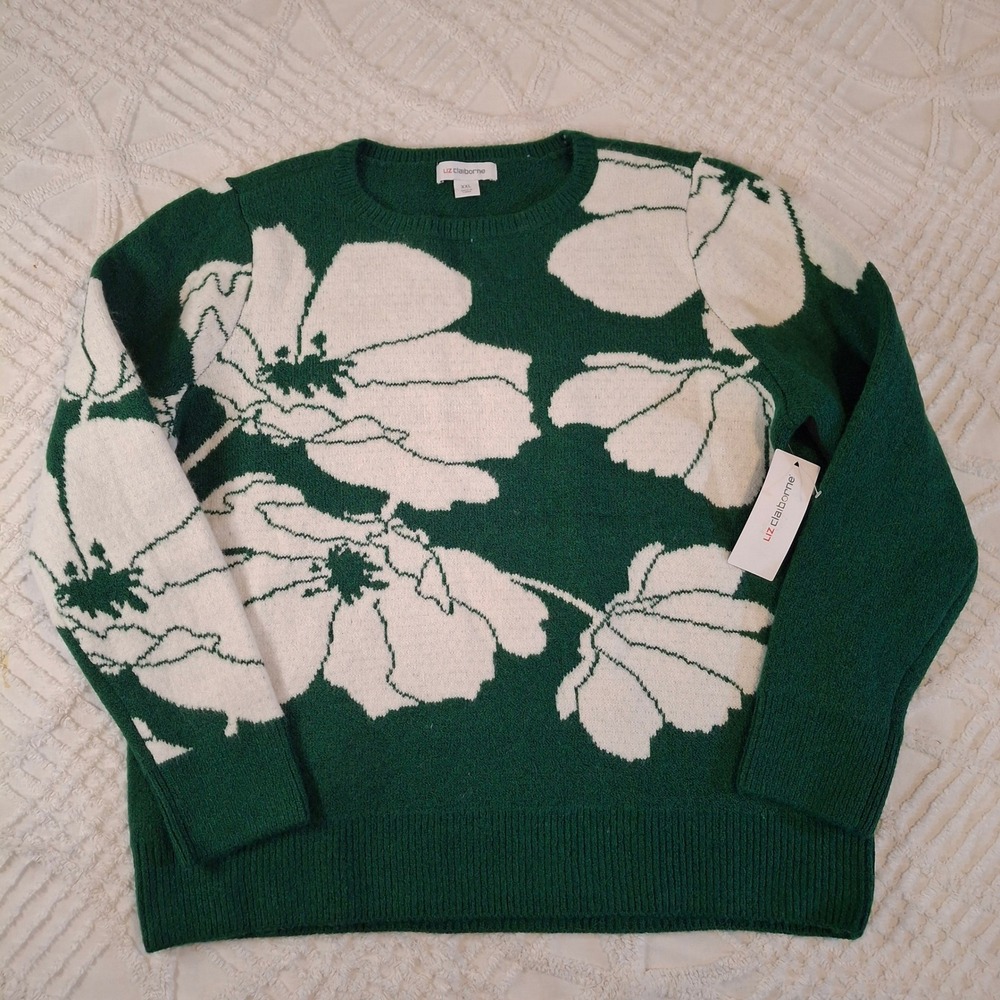 Liz‎ Claiborne Womens XXL Sweater Green White Floral Crew Neck Long Sleeve NWT
